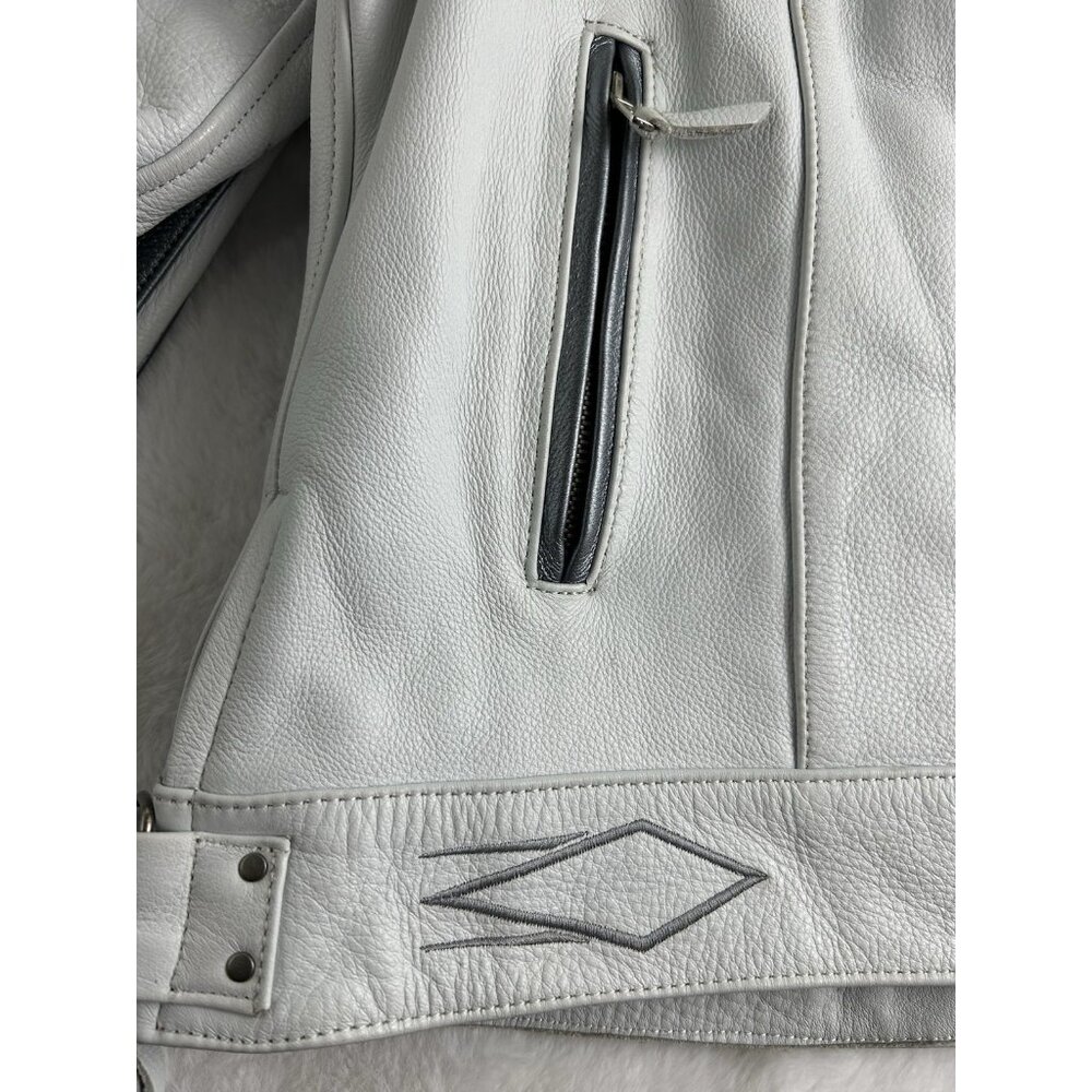 Power Trip Women's Leather Zip Up Motorcycle Jacket Large Cream/Silver Grey - Picture 9 of 16
